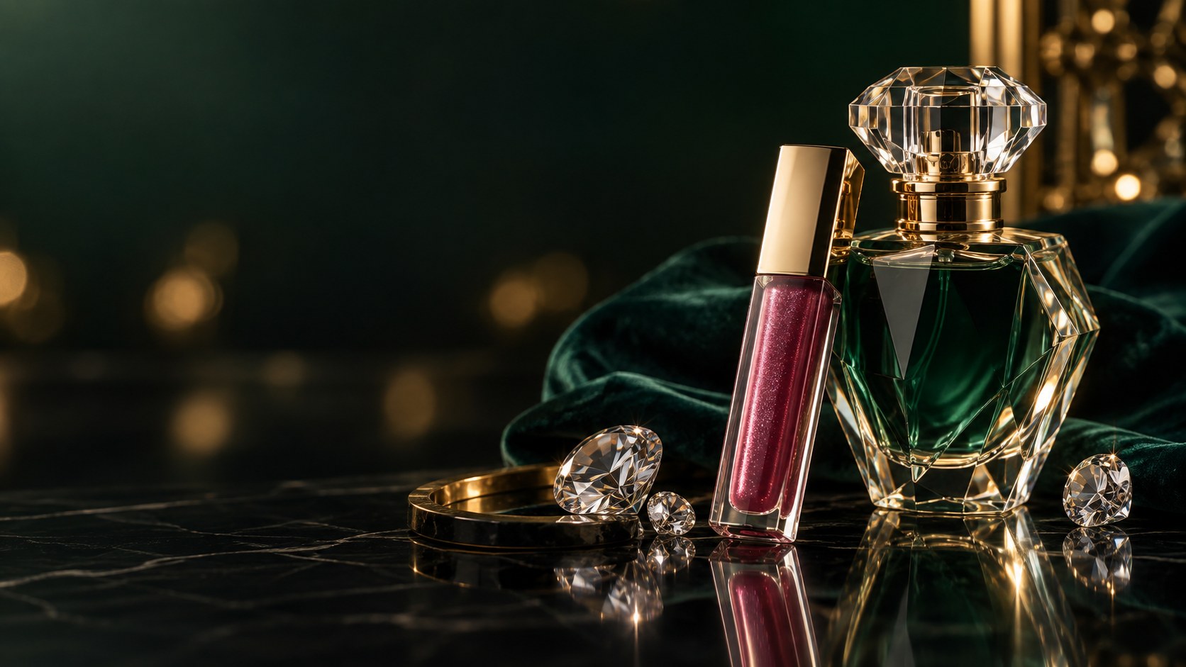 Luxury lip gloss, emerald perfume bottle and diamond accents for the SAFL Beauty Affirmation Line